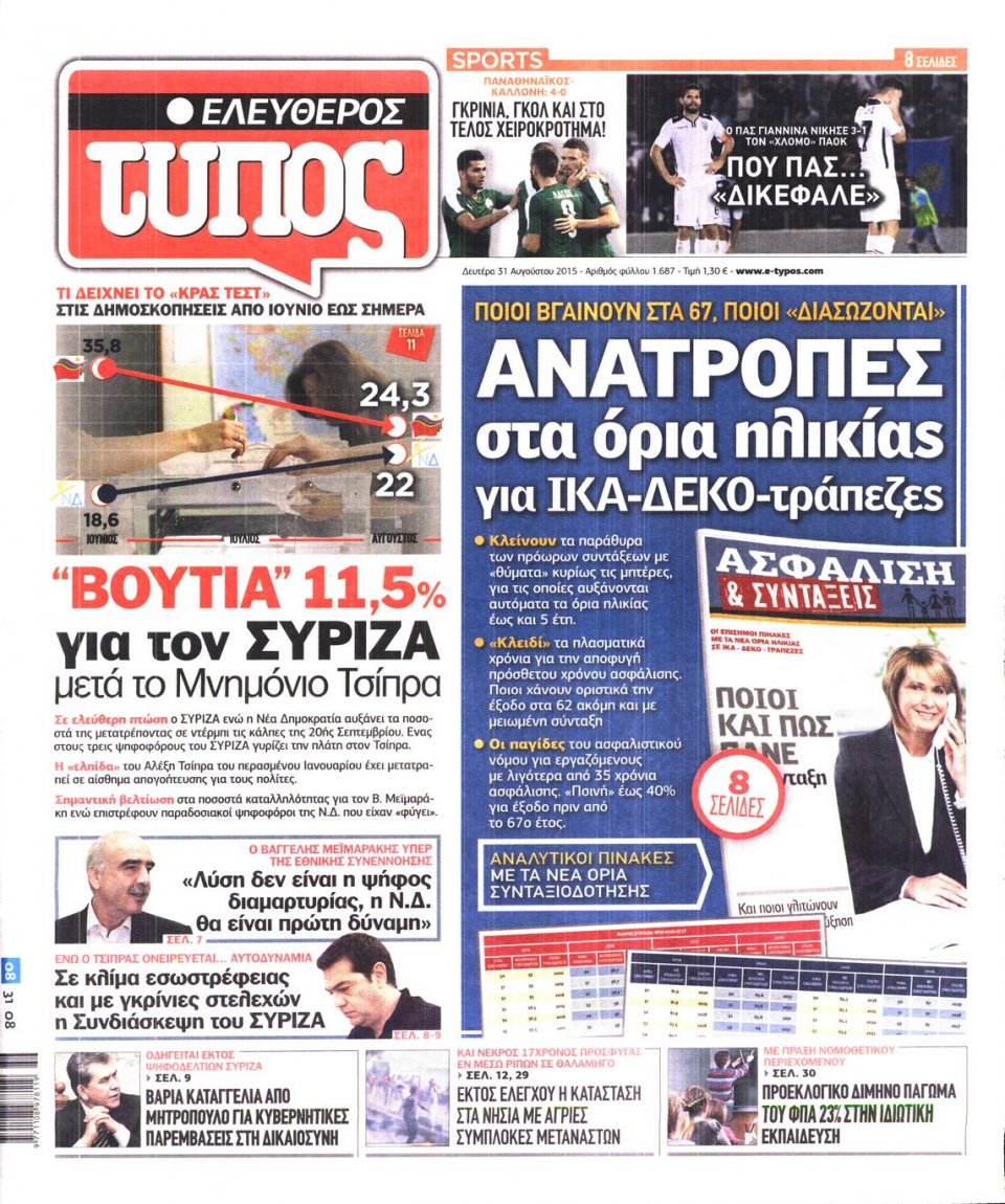 Πρωτοσέλιδο Εφημερίδας - ΕΛΕΥΘΕΡΟΣ ΤΥΠΟΣ - 2015-08-31