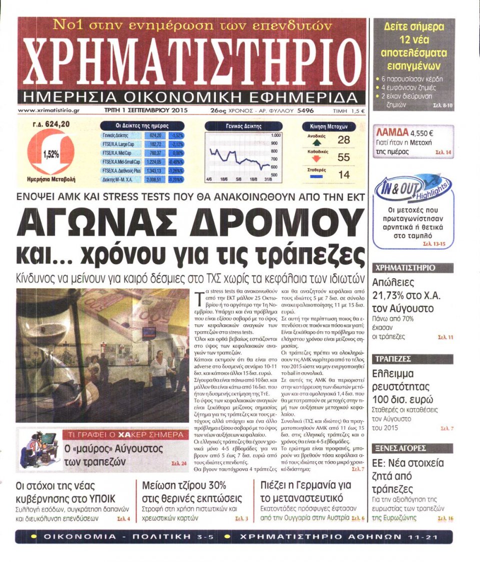 Πρωτοσέλιδο Εφημερίδας - ΧΡΗΜΑΤΙΣΤΗΡΙΟ - 2015-09-01