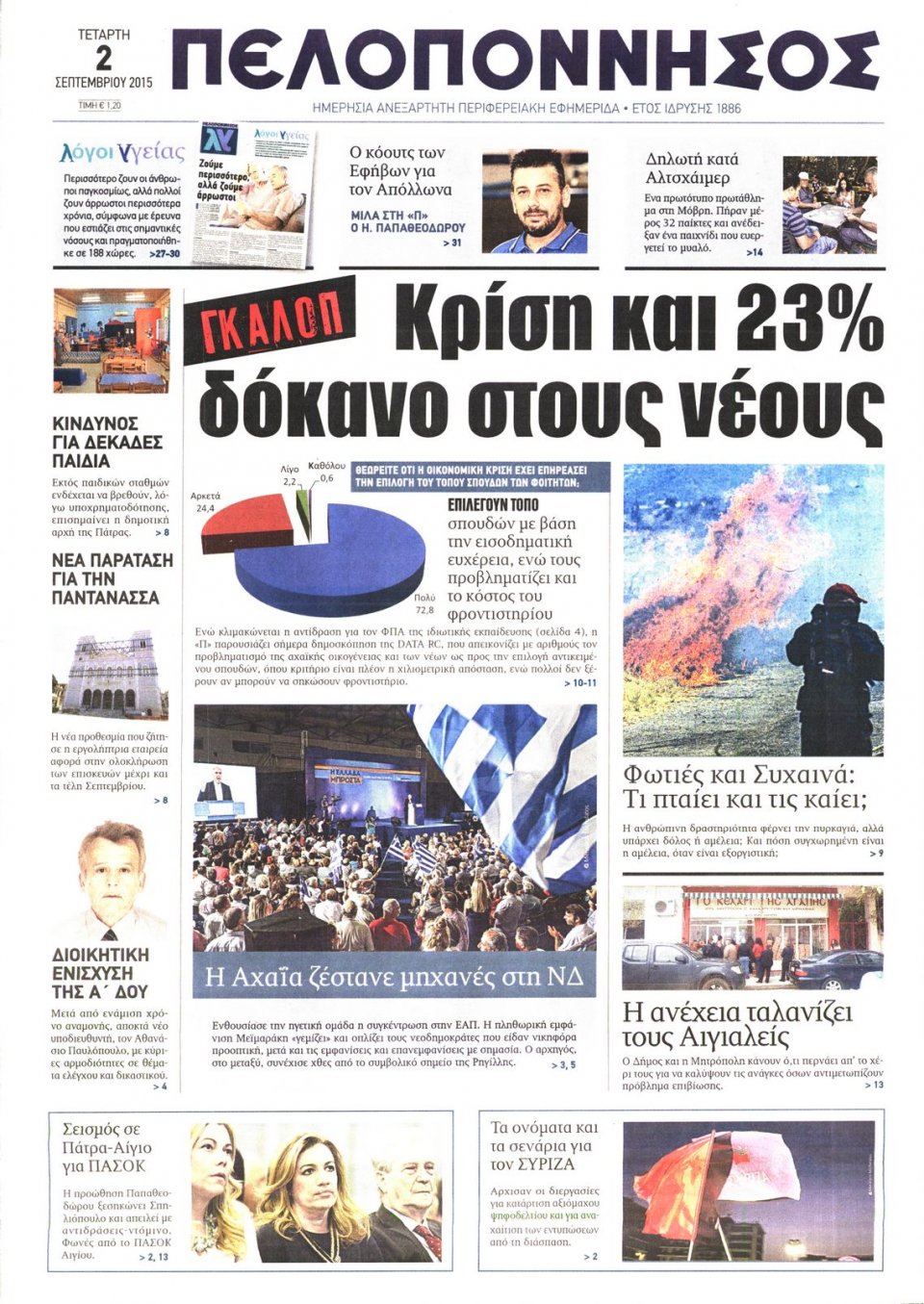 Πρωτοσέλιδο Εφημερίδας - ΠΕΛΟΠΟΝΝΗΣΟΣ - 2015-09-02