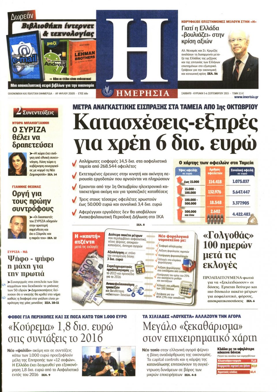 Πρωτοσέλιδο Εφημερίδας - ΗΜΕΡΗΣΙΑ - 2015-09-05