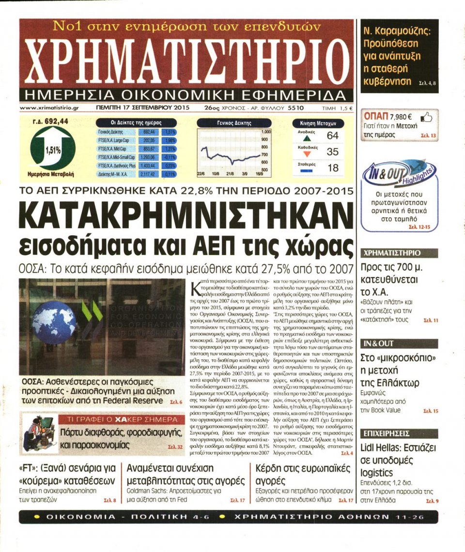 Πρωτοσέλιδο Εφημερίδας - ΧΡΗΜΑΤΙΣΤΗΡΙΟ - 2015-09-17