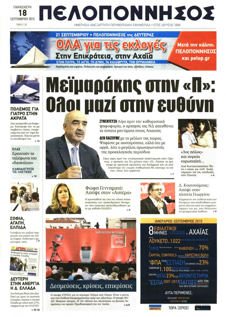 Πρωτοσέλιδο Εφημερίδας - ΠΕΛΟΠΟΝΝΗΣΟΣ - 2015-09-18