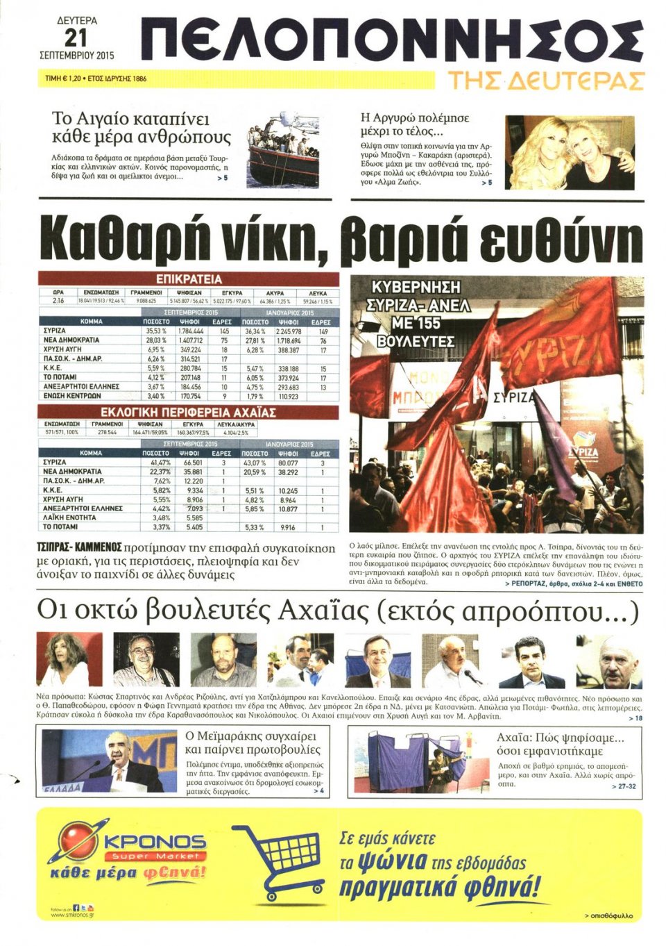 Πρωτοσέλιδο Εφημερίδας - ΠΕΛΟΠΟΝΝΗΣΟΣ - 2015-09-21