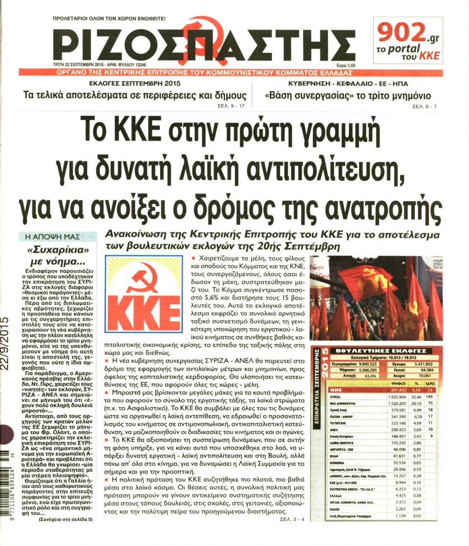 Πρωτοσέλιδο Εφημερίδας - ΡΙΖΟΣΠΑΣΤΗΣ - 2015-09-22