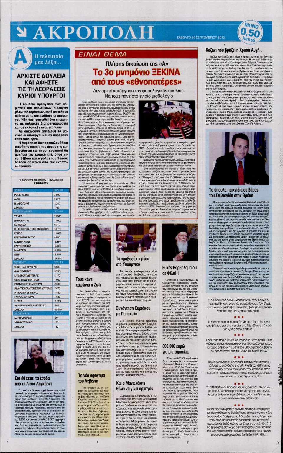 Οπισθόφυλλο Εφημερίδας - Η ΑΚΡΟΠΟΛΗ - 2015-09-26