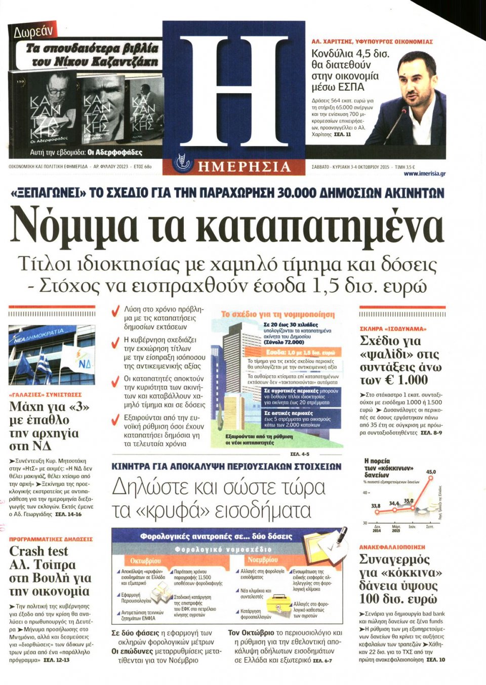 Πρωτοσέλιδο Εφημερίδας - ΗΜΕΡΗΣΙΑ - 2015-10-03