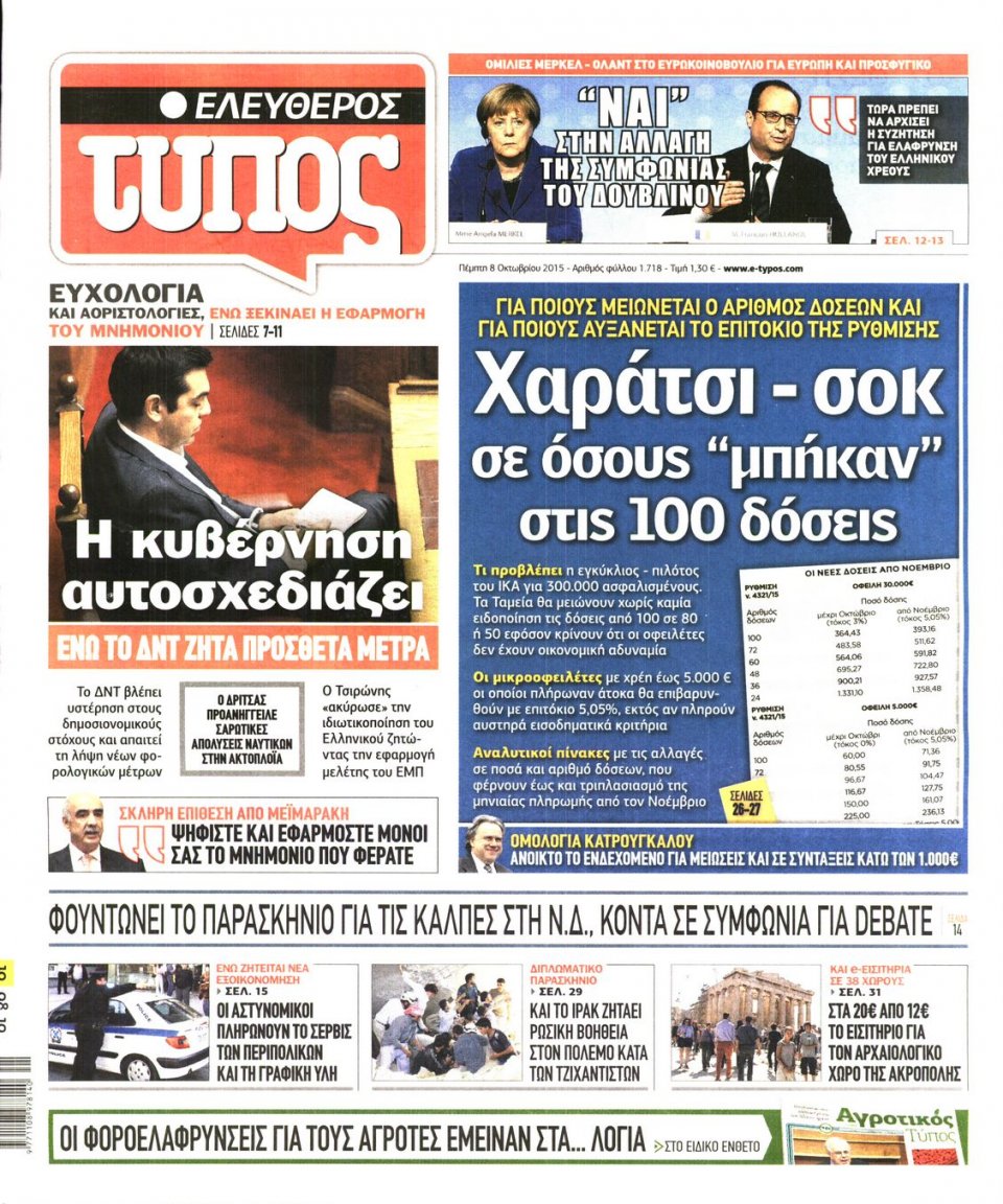 Πρωτοσέλιδο Εφημερίδας - ΕΛΕΥΘΕΡΟΣ ΤΥΠΟΣ - 2015-10-08