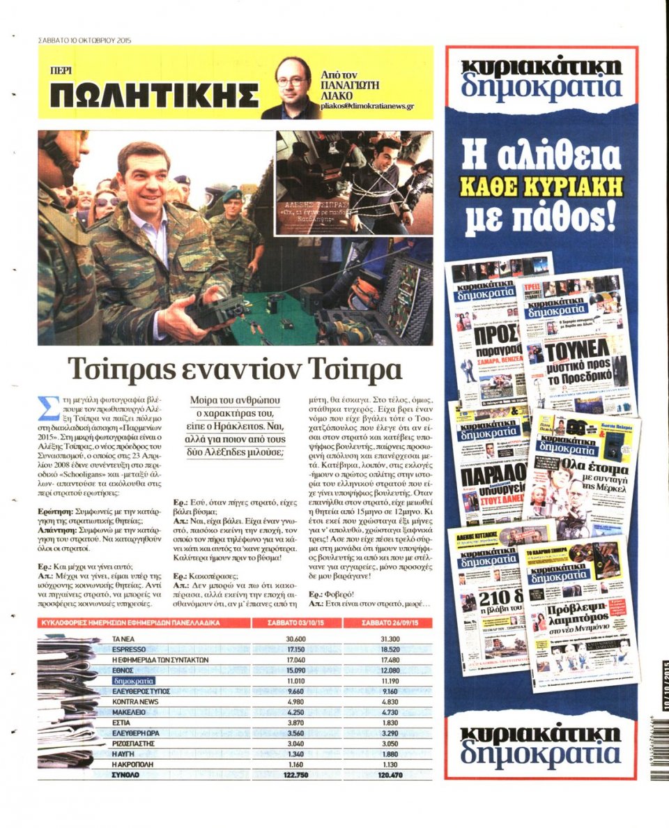 Οπισθόφυλλο Εφημερίδας - ΔΗΜΟΚΡΑΤΙΑ - 2015-10-10