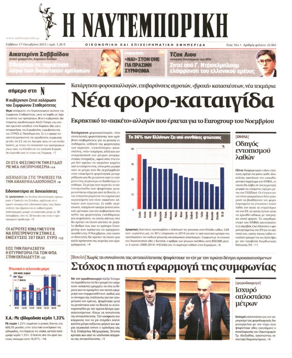 Πρωτοσέλιδο Εφημερίδας - ΝΑΥΤΕΜΠΟΡΙΚΗ - 2015-10-17