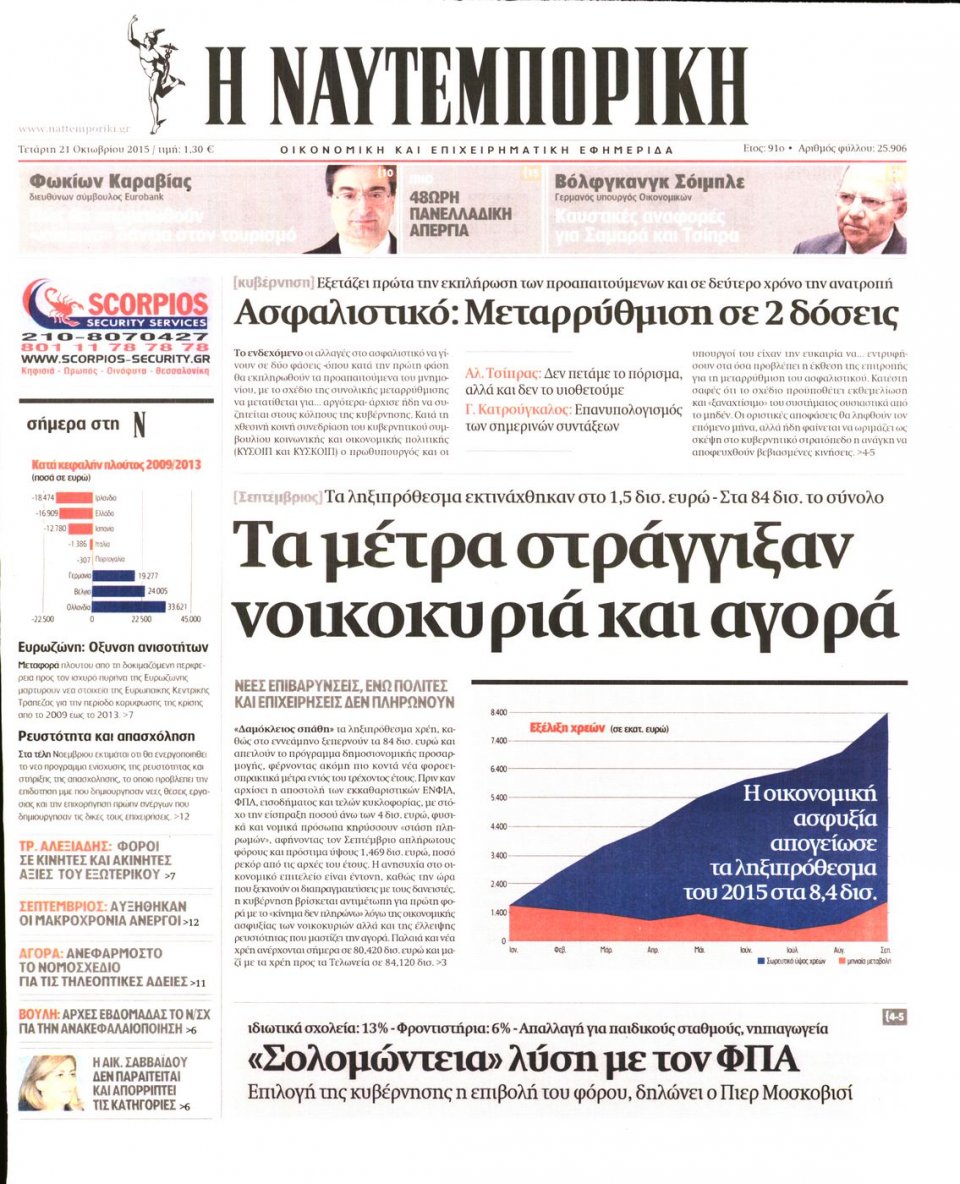 Πρωτοσέλιδο Εφημερίδας - ΝΑΥΤΕΜΠΟΡΙΚΗ - 2015-10-21