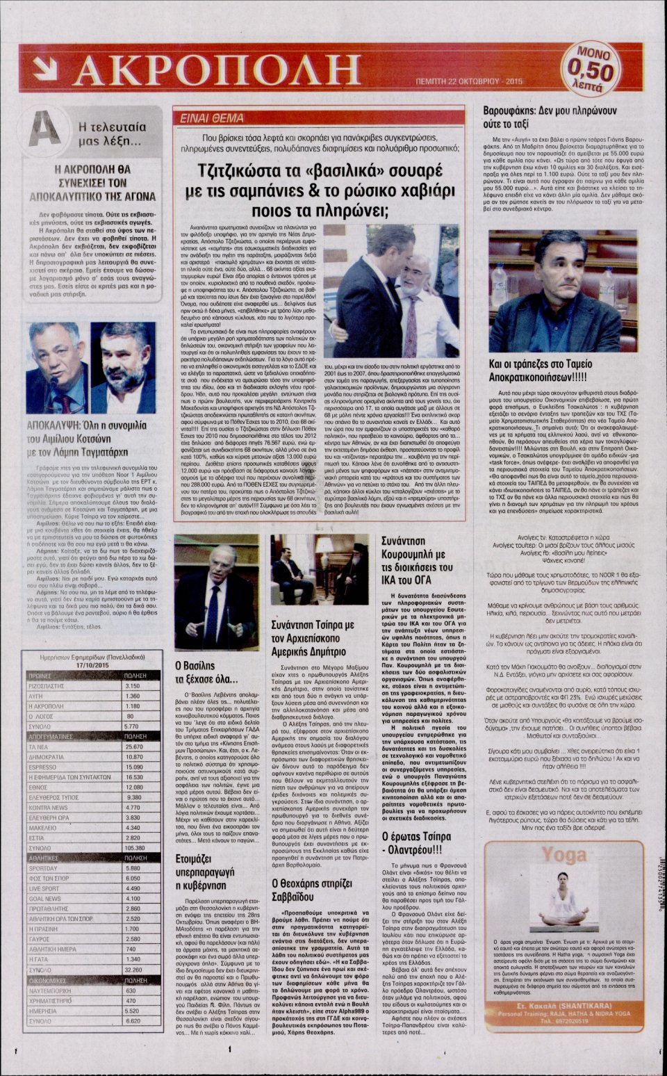 Οπισθόφυλλο Εφημερίδας - Η ΑΚΡΟΠΟΛΗ - 2015-10-22