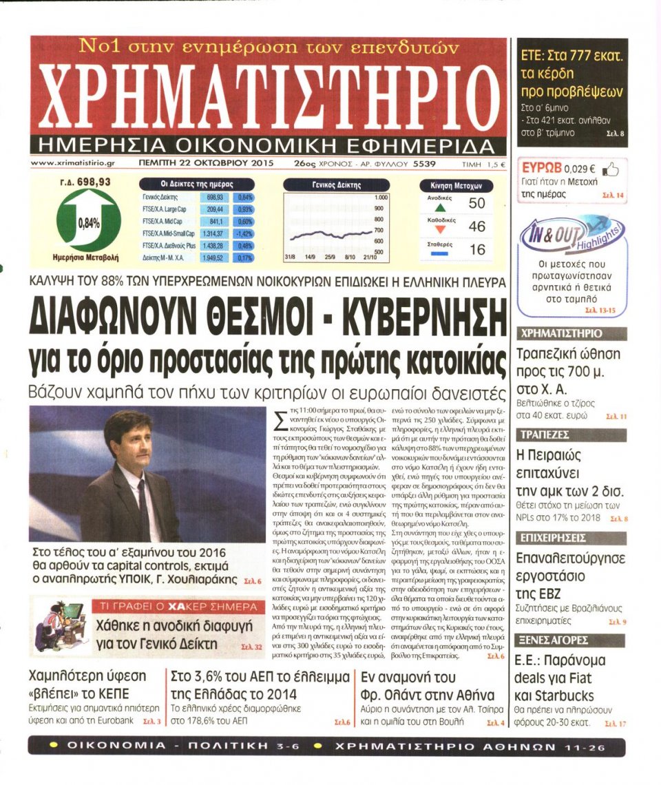 Πρωτοσέλιδο Εφημερίδας - ΧΡΗΜΑΤΙΣΤΗΡΙΟ - 2015-10-22