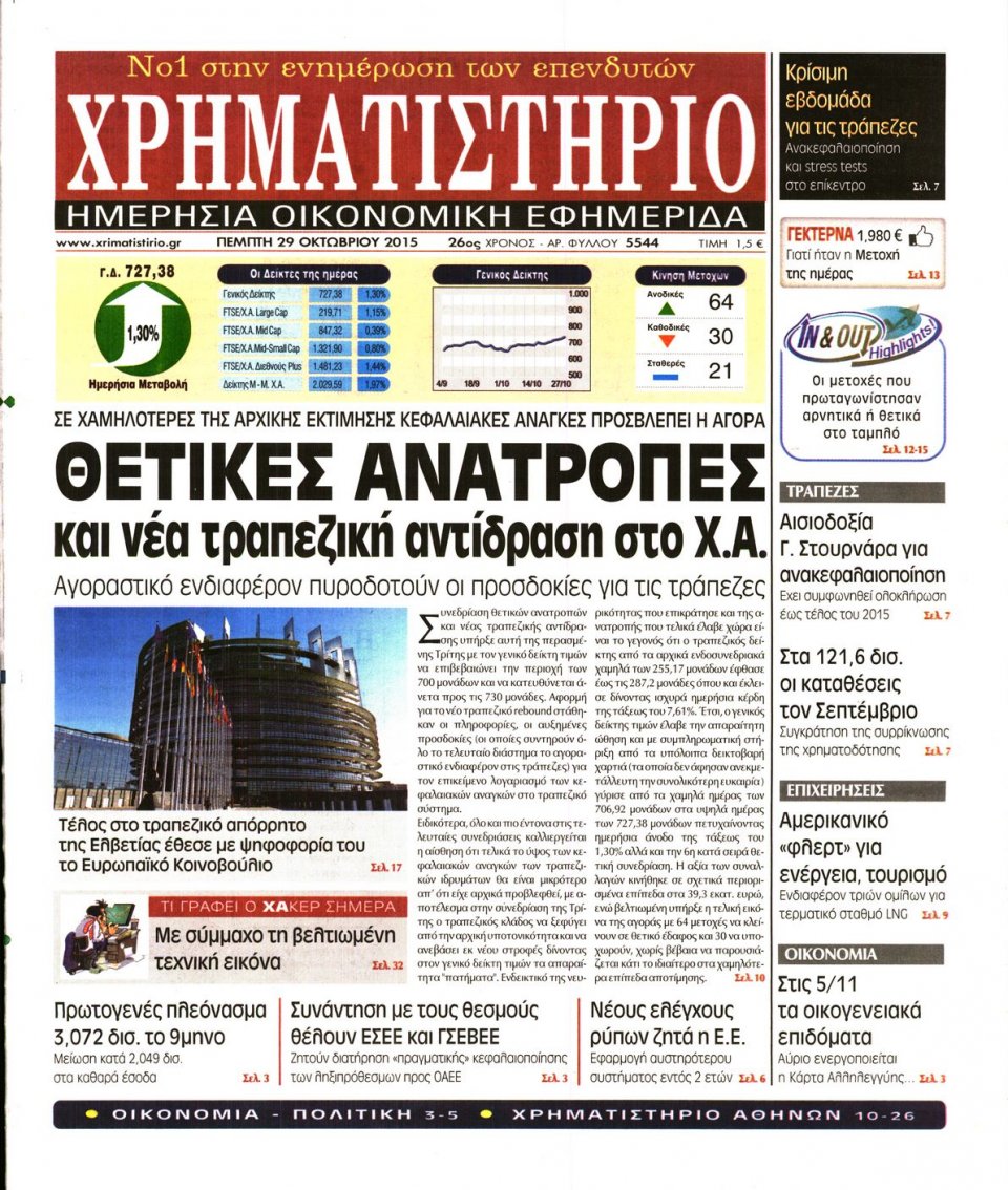 Πρωτοσέλιδο Εφημερίδας - ΧΡΗΜΑΤΙΣΤΗΡΙΟ - 2015-10-29