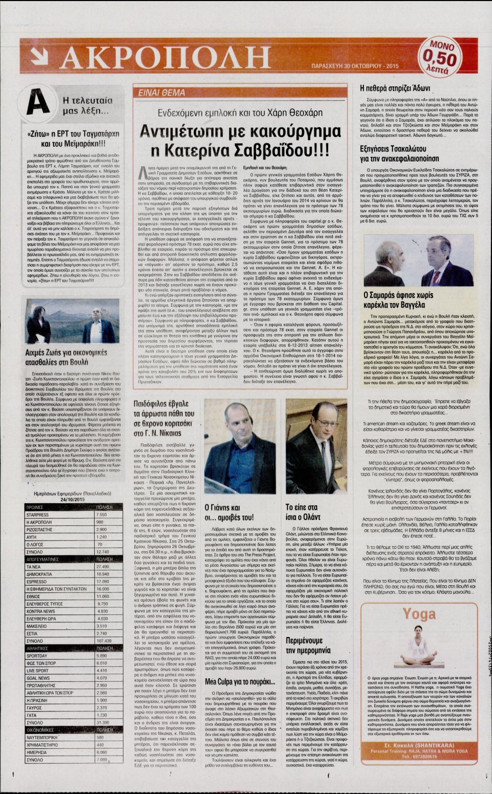 Οπισθόφυλλο Εφημερίδας - Η ΑΚΡΟΠΟΛΗ - 2015-10-30
