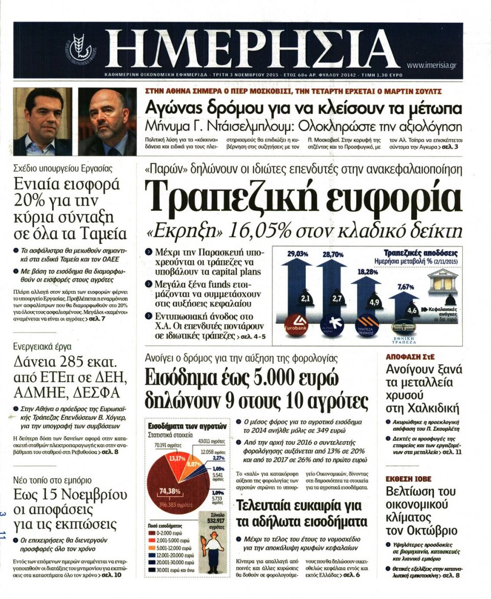 Πρωτοσέλιδο Εφημερίδας - ΗΜΕΡΗΣΙΑ - 2015-11-03