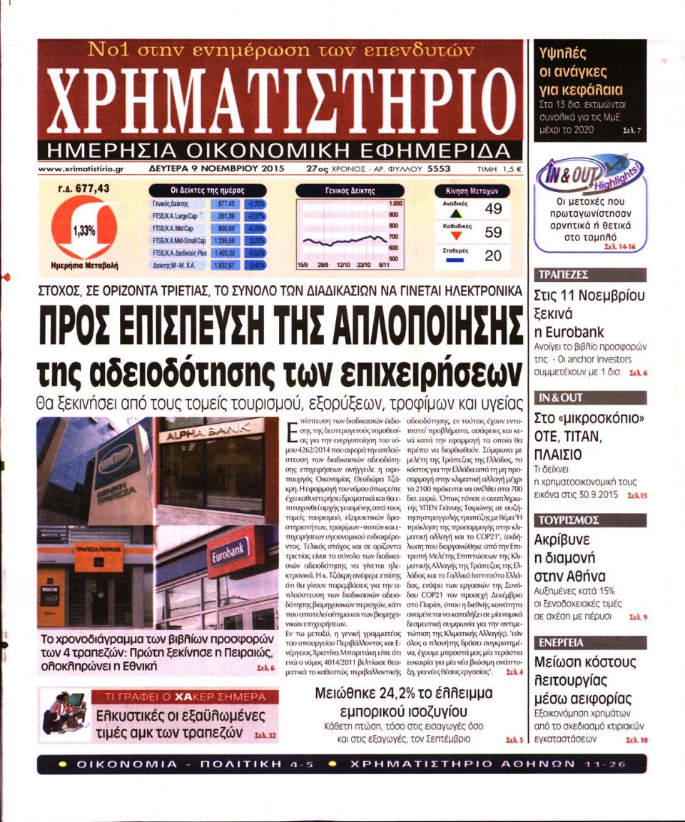 Πρωτοσέλιδο Εφημερίδας - ΧΡΗΜΑΤΙΣΤΗΡΙΟ - 2015-11-09
