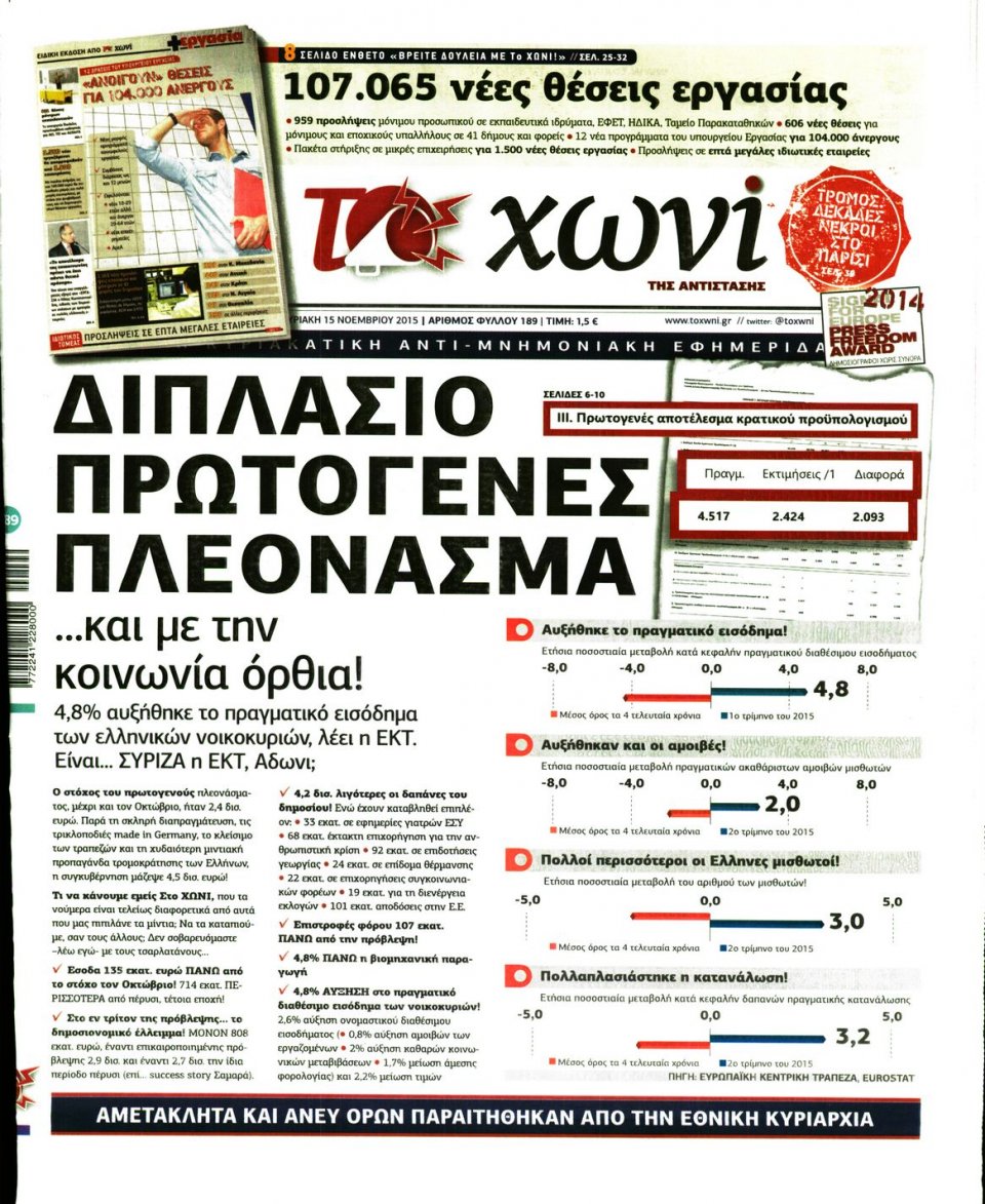 Πρωτοσέλιδο Εφημερίδας - ΤΟ ΧΩΝΙ - 2015-11-15