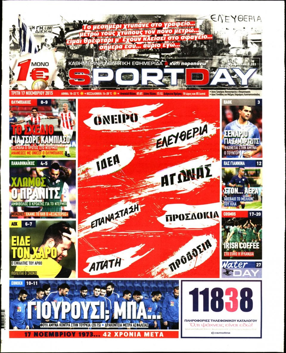 Πρωτοσέλιδο Εφημερίδας - SPORTDAY - 2015-11-17