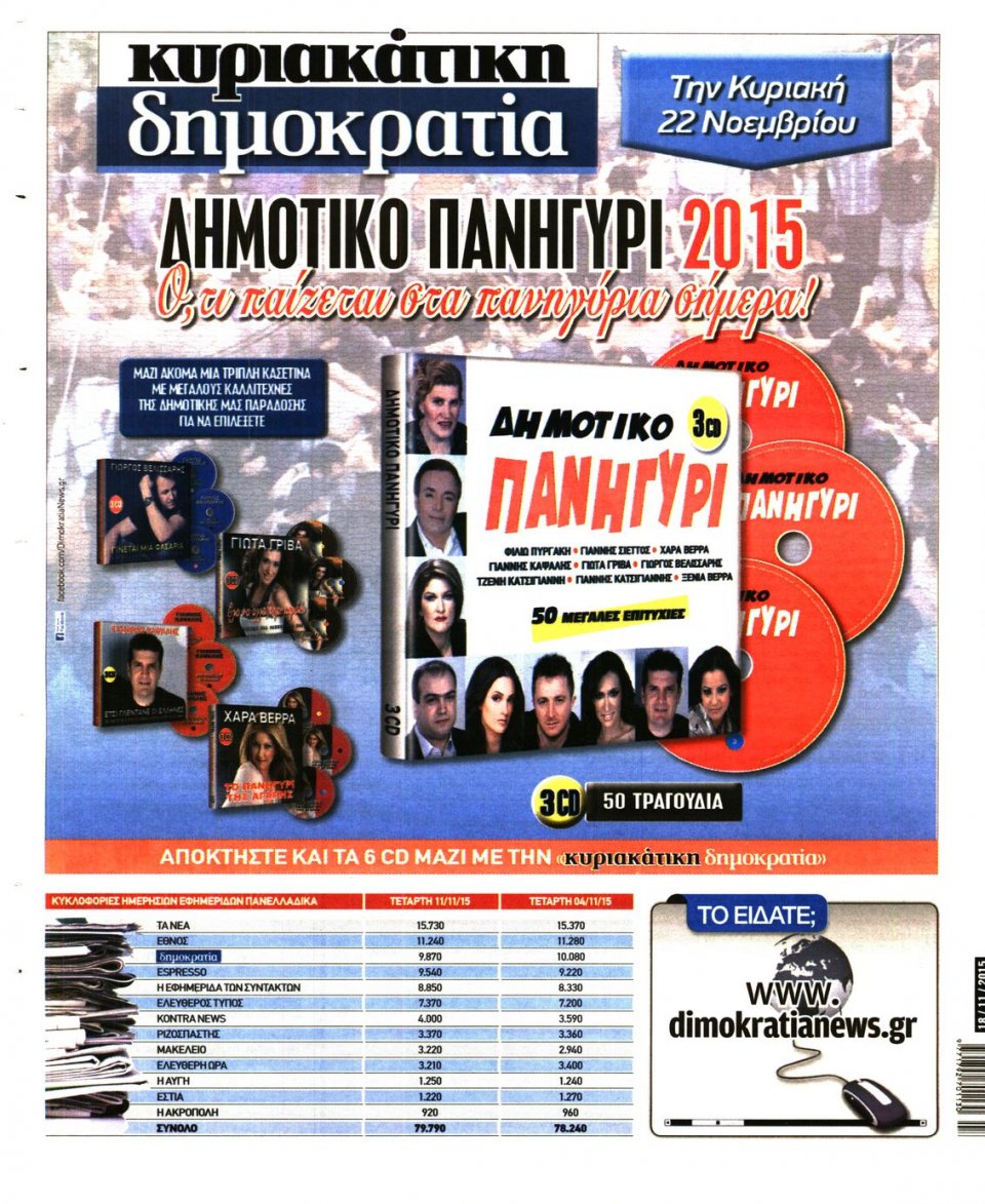 Οπισθόφυλλο Εφημερίδας - ΔΗΜΟΚΡΑΤΙΑ - 2015-11-18