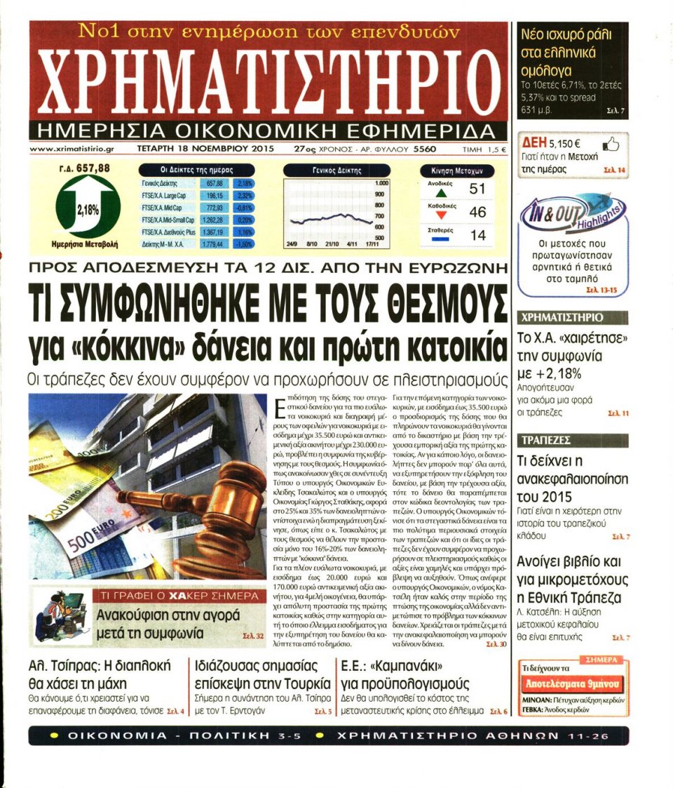 Πρωτοσέλιδο Εφημερίδας - ΧΡΗΜΑΤΙΣΤΗΡΙΟ - 2015-11-18
