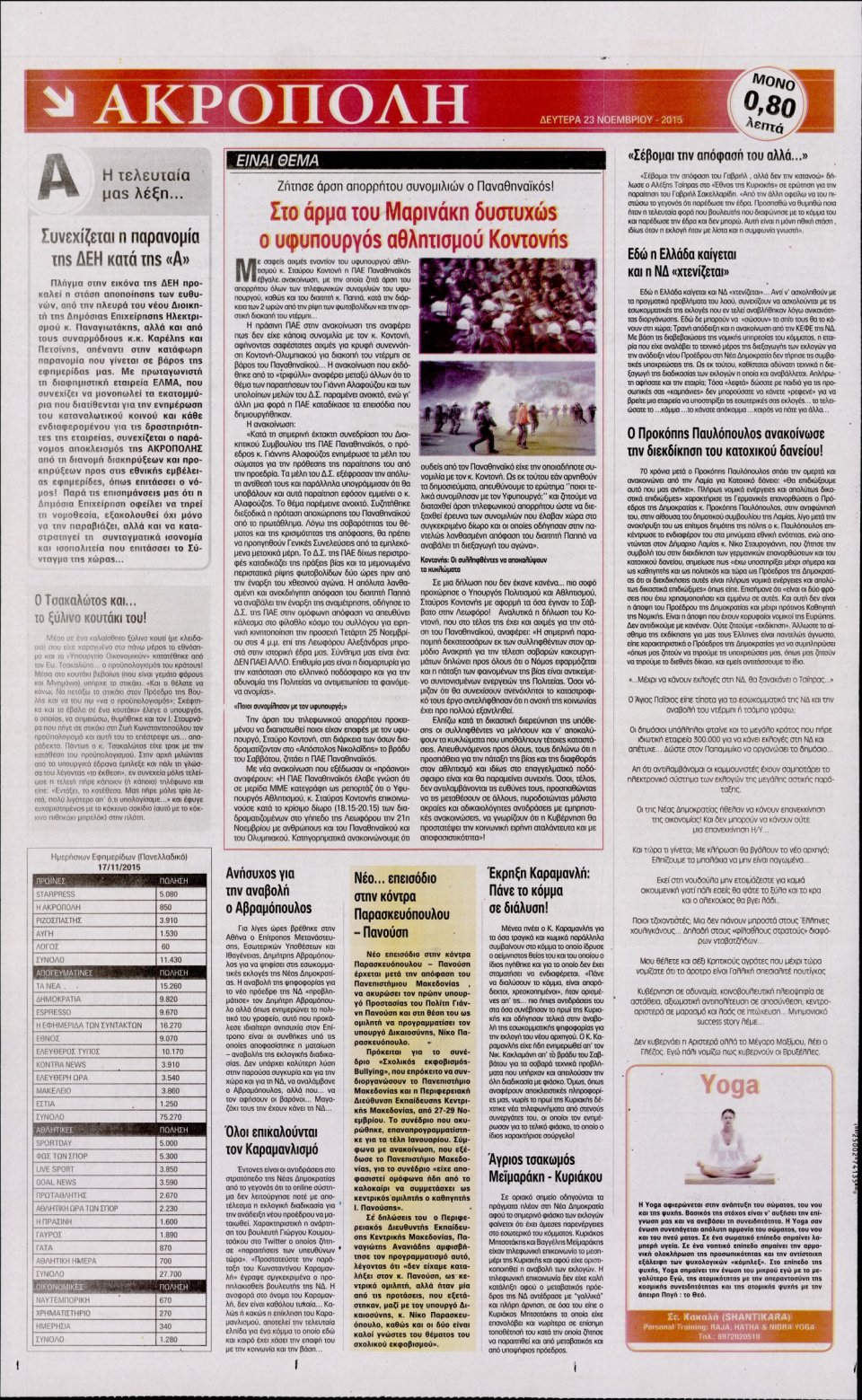 Οπισθόφυλλο Εφημερίδας - Η ΑΚΡΟΠΟΛΗ - 2015-11-23