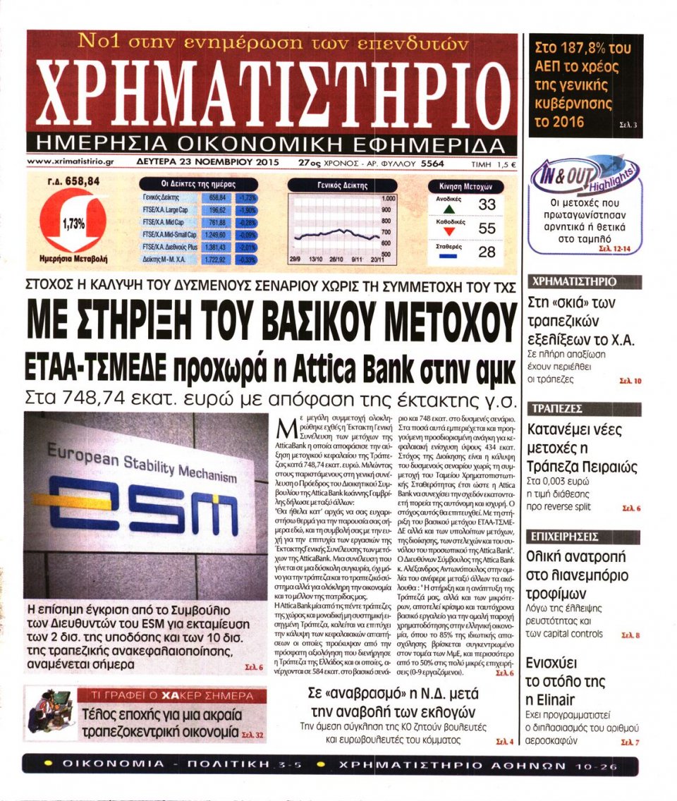 Πρωτοσέλιδο Εφημερίδας - ΧΡΗΜΑΤΙΣΤΗΡΙΟ - 2015-11-23