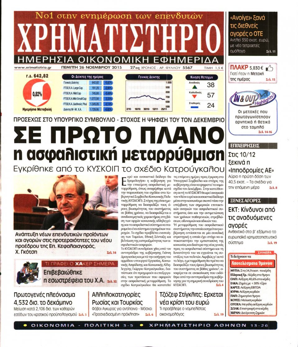 Πρωτοσέλιδο Εφημερίδας - ΧΡΗΜΑΤΙΣΤΗΡΙΟ - 2015-11-26