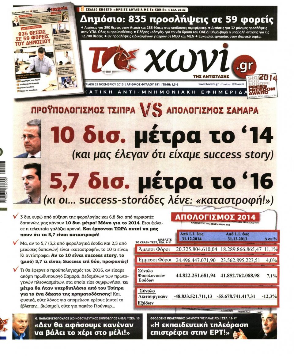 Πρωτοσέλιδο Εφημερίδας - ΤΟ ΧΩΝΙ - 2015-11-29