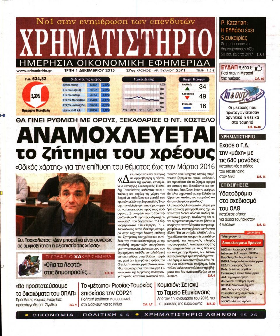 Πρωτοσέλιδο Εφημερίδας - ΧΡΗΜΑΤΙΣΤΗΡΙΟ - 2015-12-01