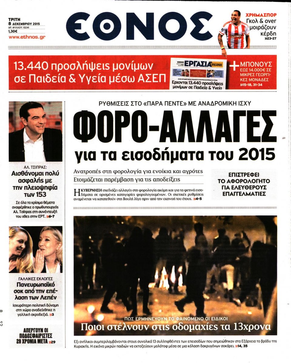 Πρωτοσέλιδο Εφημερίδας - ΕΘΝΟΣ - 2015-12-08