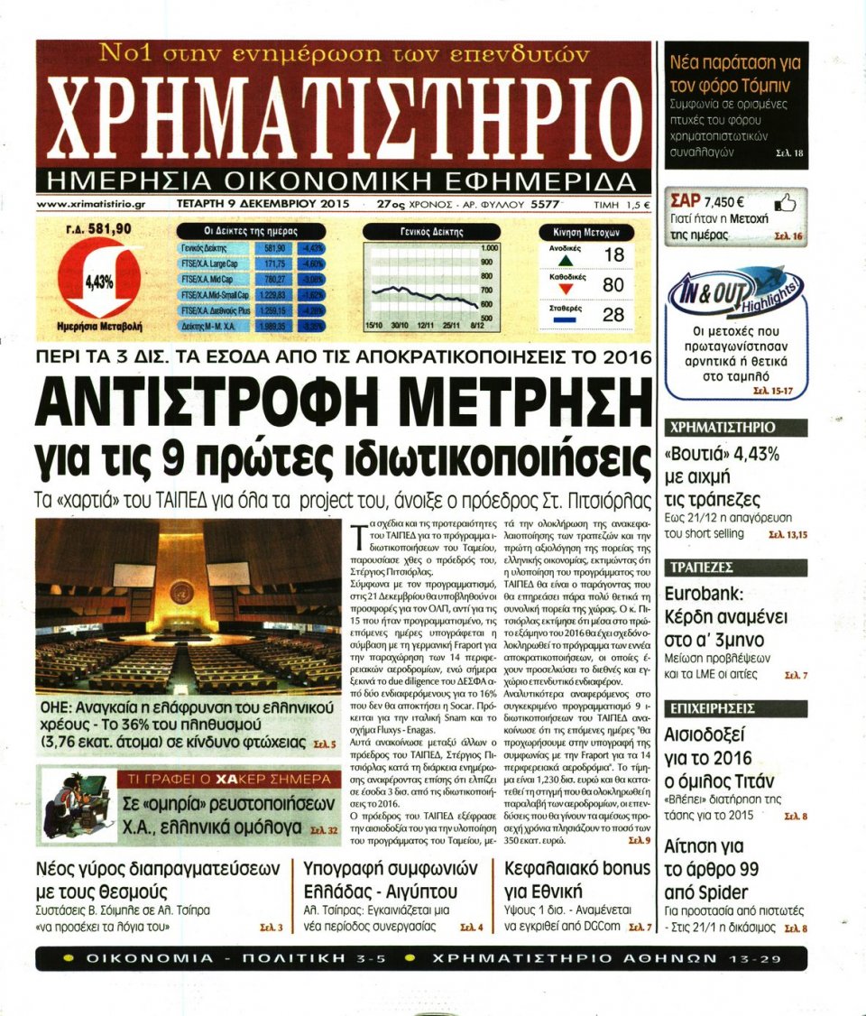 Πρωτοσέλιδο Εφημερίδας - ΧΡΗΜΑΤΙΣΤΗΡΙΟ - 2015-12-09