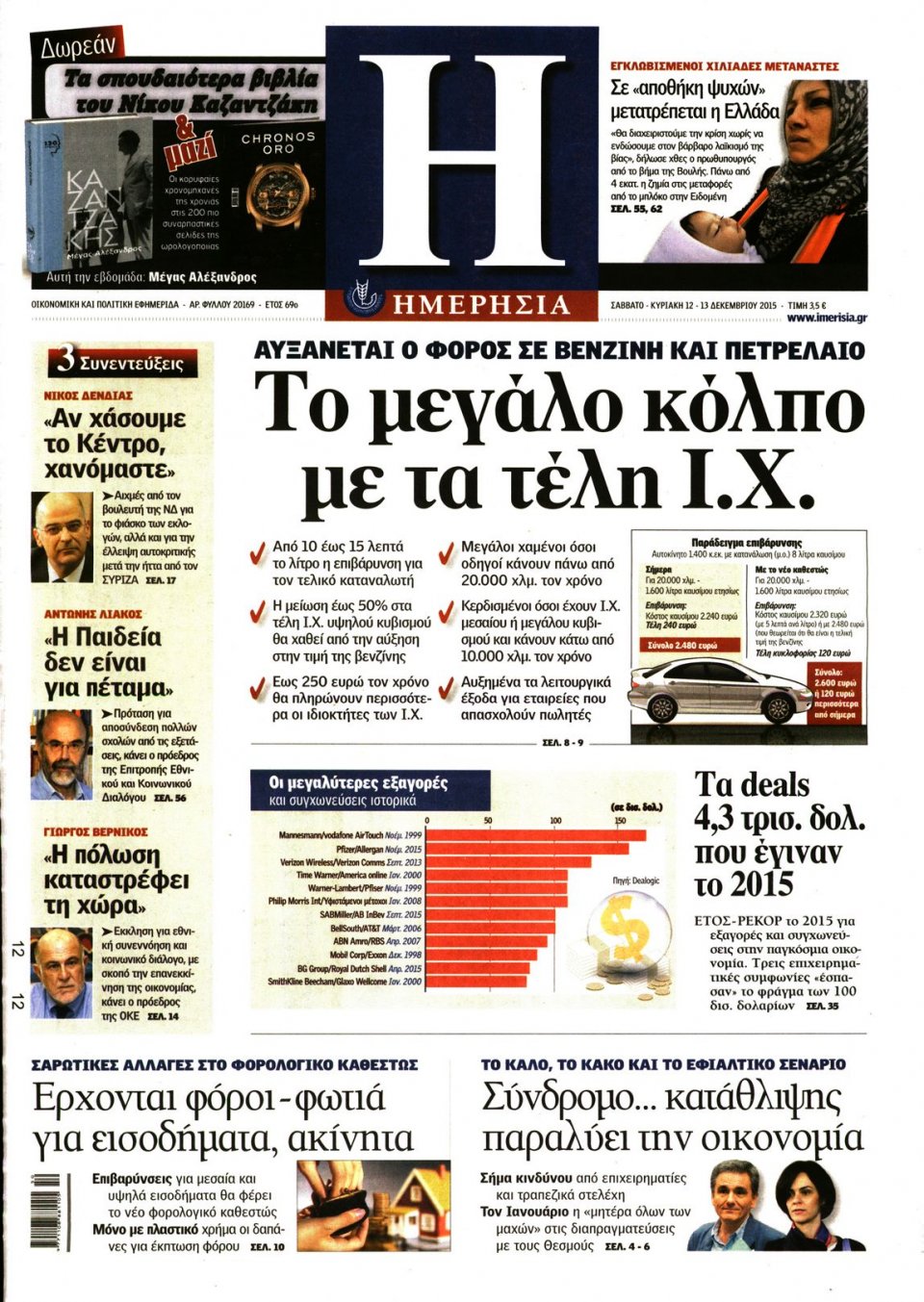 Πρωτοσέλιδο Εφημερίδας - ΗΜΕΡΗΣΙΑ - 2015-12-12