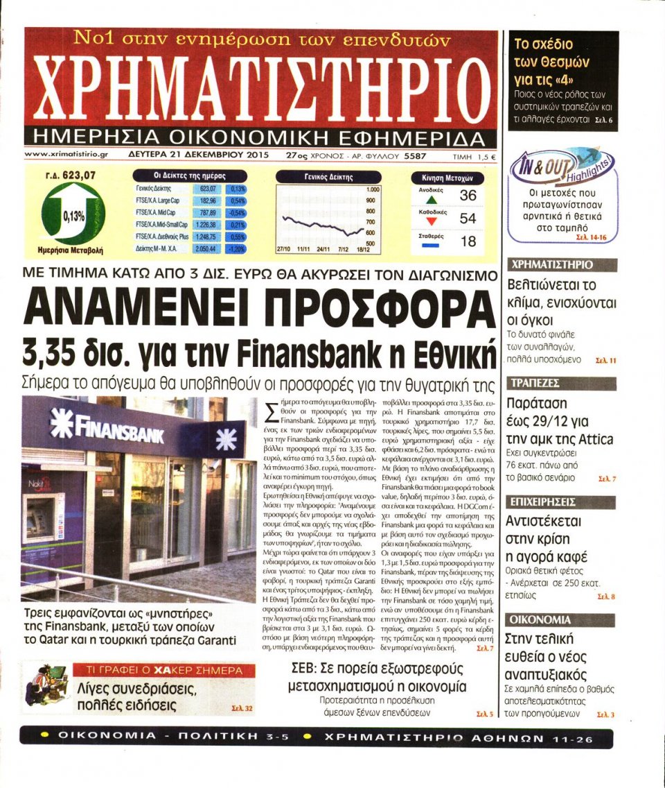 Πρωτοσέλιδο Εφημερίδας - ΧΡΗΜΑΤΙΣΤΗΡΙΟ - 2015-12-21