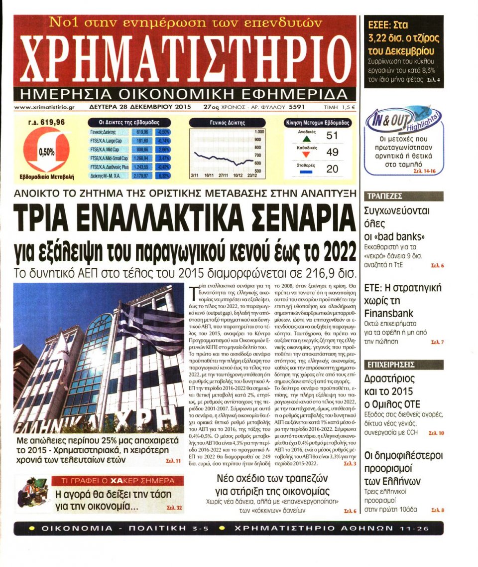 Πρωτοσέλιδο Εφημερίδας - ΧΡΗΜΑΤΙΣΤΗΡΙΟ - 2015-12-28