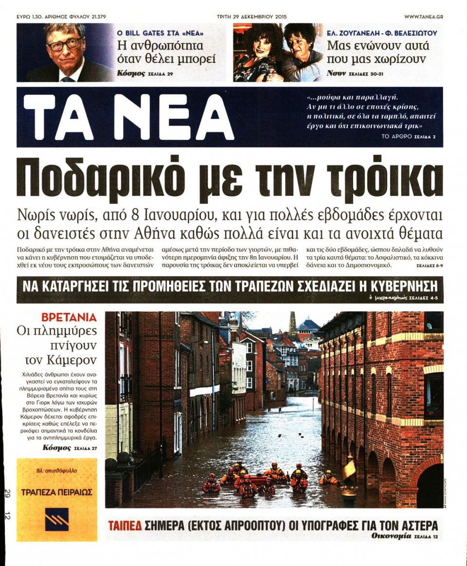Πρωτοσέλιδο Εφημερίδας - ΤΑ ΝΕΑ - 2015-12-29