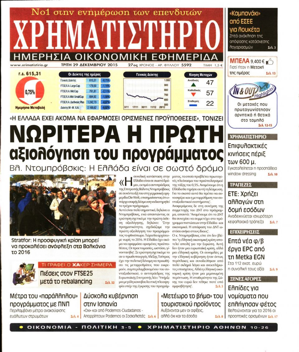 Πρωτοσέλιδο Εφημερίδας - ΧΡΗΜΑΤΙΣΤΗΡΙΟ - 2015-12-29