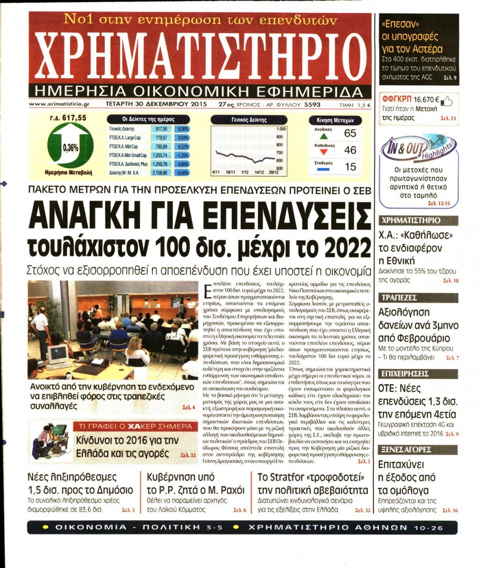 Πρωτοσέλιδο Εφημερίδας - ΧΡΗΜΑΤΙΣΤΗΡΙΟ - 2015-12-30