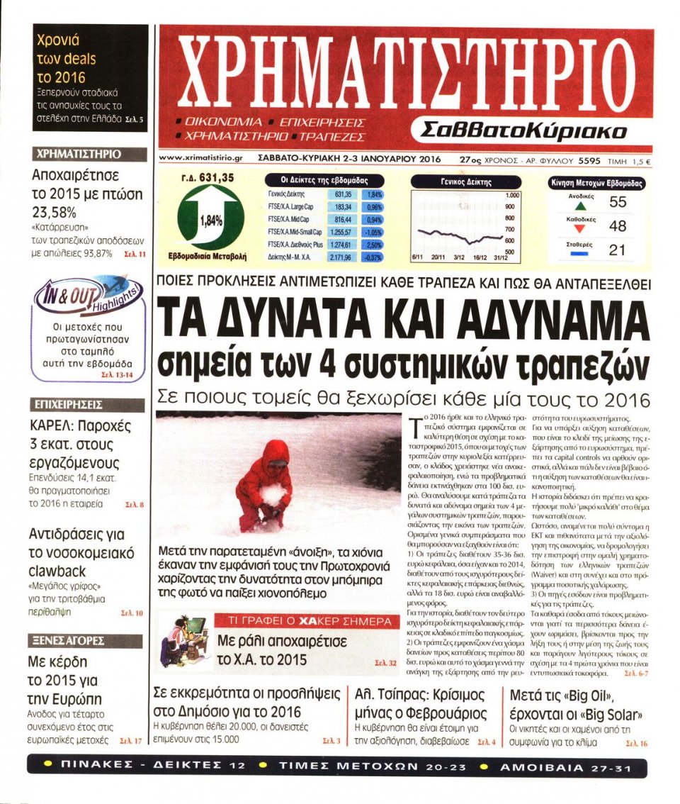 Πρωτοσέλιδο Εφημερίδας - ΧΡΗΜΑΤΙΣΤΗΡΙΟ - 2016-01-02