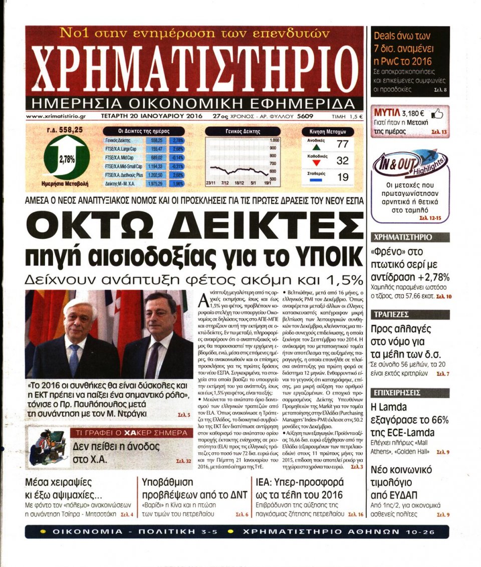 Πρωτοσέλιδο Εφημερίδας - ΧΡΗΜΑΤΙΣΤΗΡΙΟ - 2016-01-20