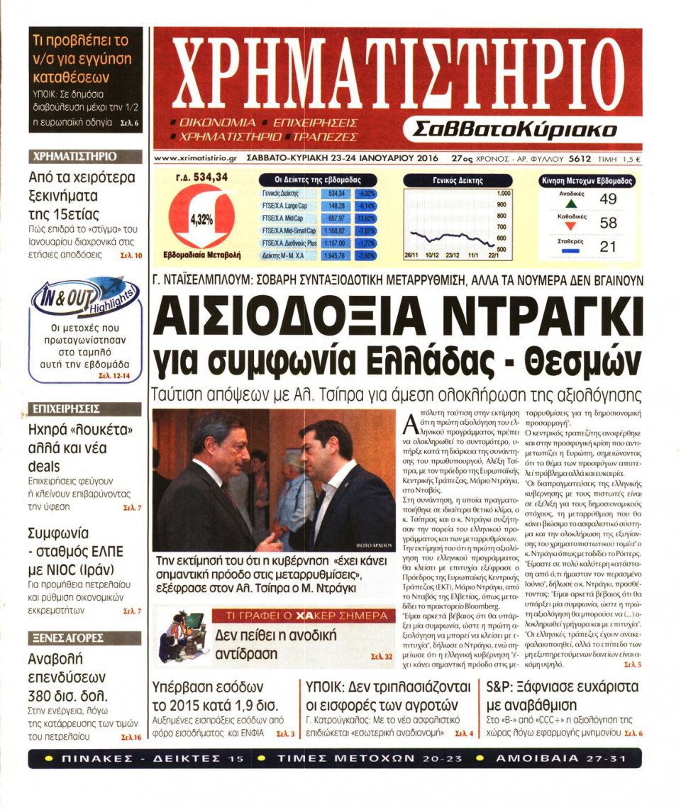 Πρωτοσέλιδο Εφημερίδας - ΧΡΗΜΑΤΙΣΤΗΡΙΟ - 2016-01-23