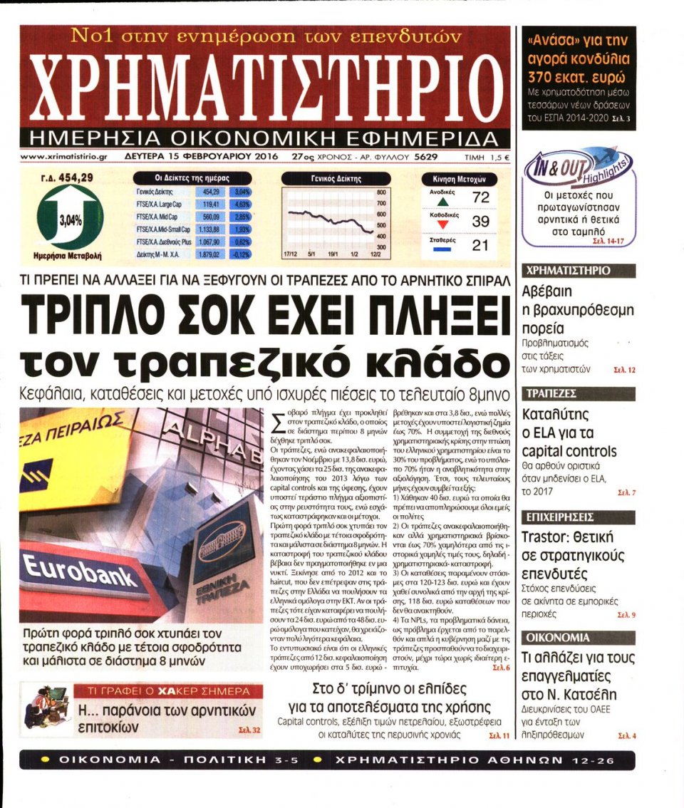 Πρωτοσέλιδο Εφημερίδας - ΧΡΗΜΑΤΙΣΤΗΡΙΟ - 2016-02-15