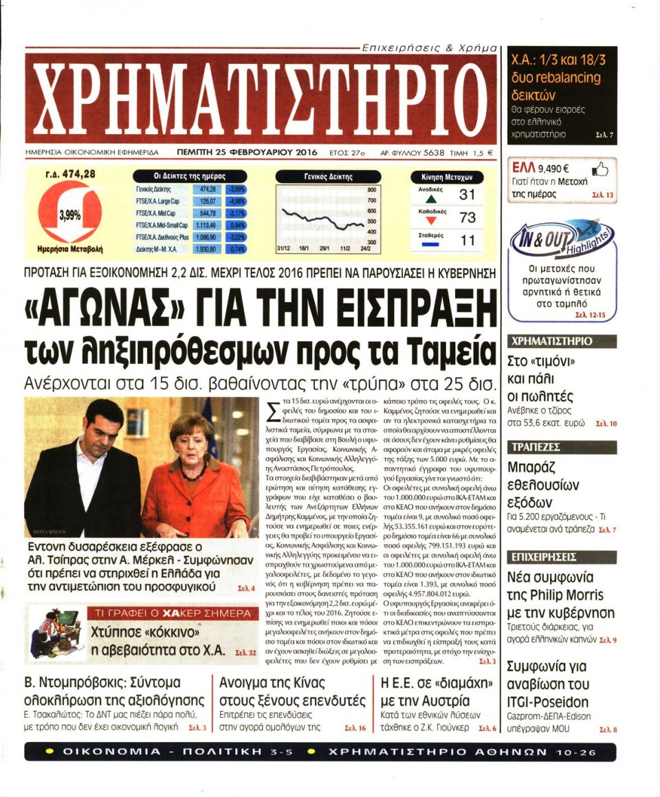 Πρωτοσέλιδο Εφημερίδας - ΧΡΗΜΑΤΙΣΤΗΡΙΟ - 2016-02-25