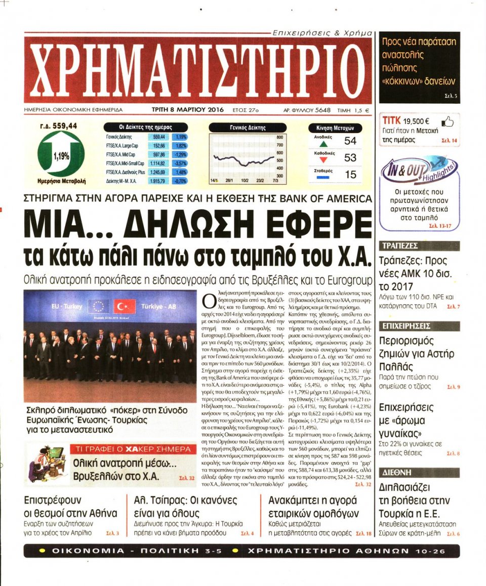 Πρωτοσέλιδο Εφημερίδας - ΧΡΗΜΑΤΙΣΤΗΡΙΟ - 2016-03-08