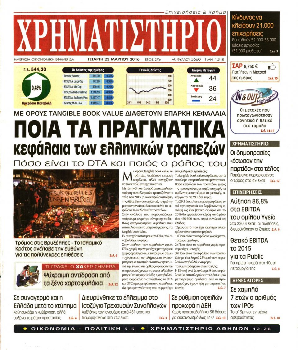 Πρωτοσέλιδο Εφημερίδας - ΧΡΗΜΑΤΙΣΤΗΡΙΟ - 2016-03-23