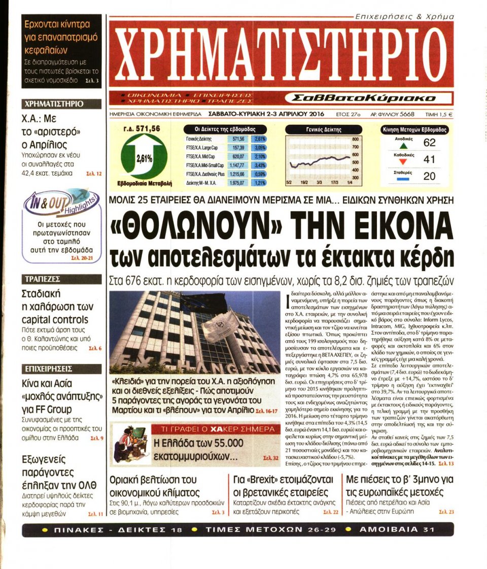 Πρωτοσέλιδο Εφημερίδας - ΧΡΗΜΑΤΙΣΤΗΡΙΟ - 2016-04-02