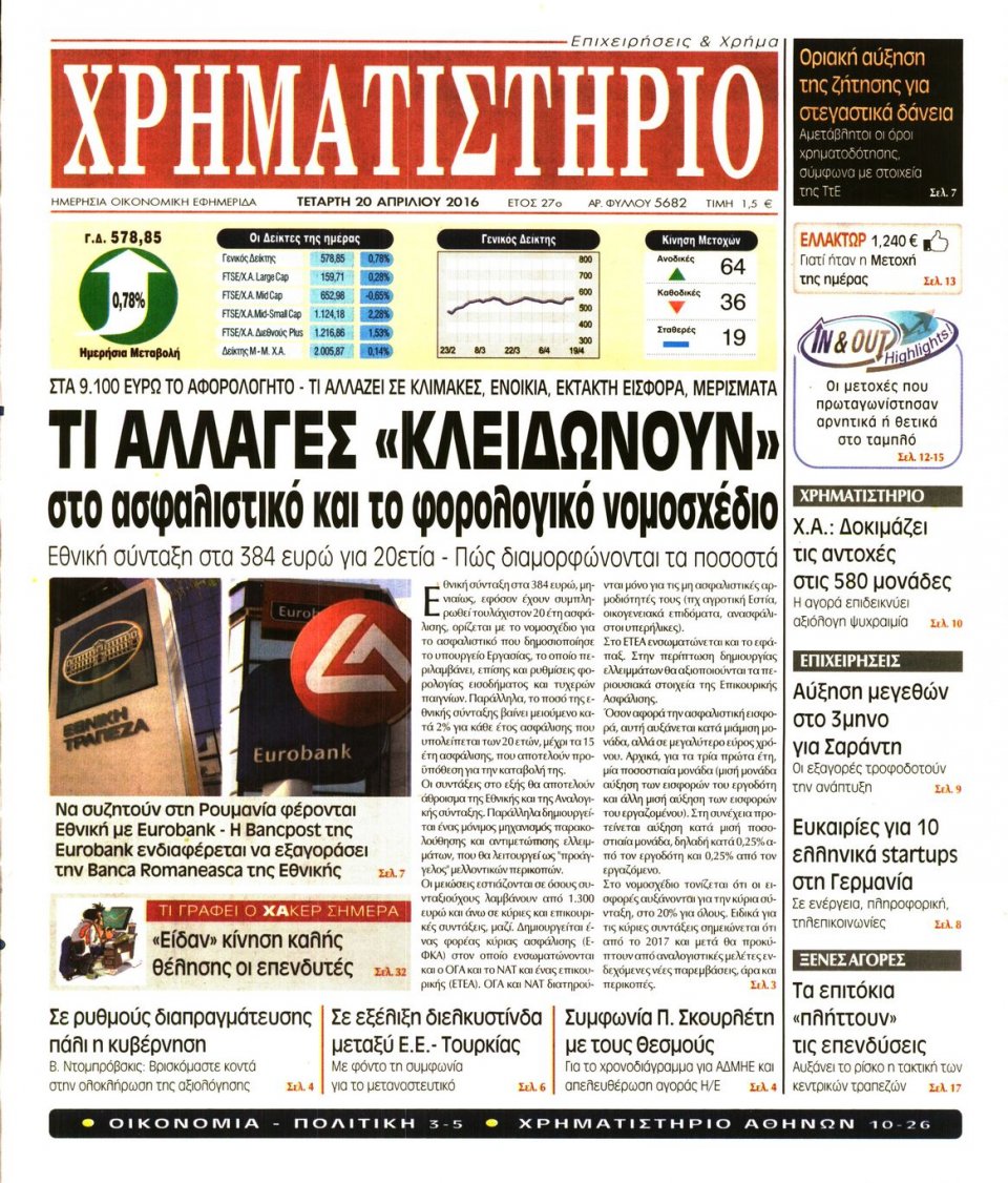 Πρωτοσέλιδο Εφημερίδας - ΧΡΗΜΑΤΙΣΤΗΡΙΟ - 2016-04-20
