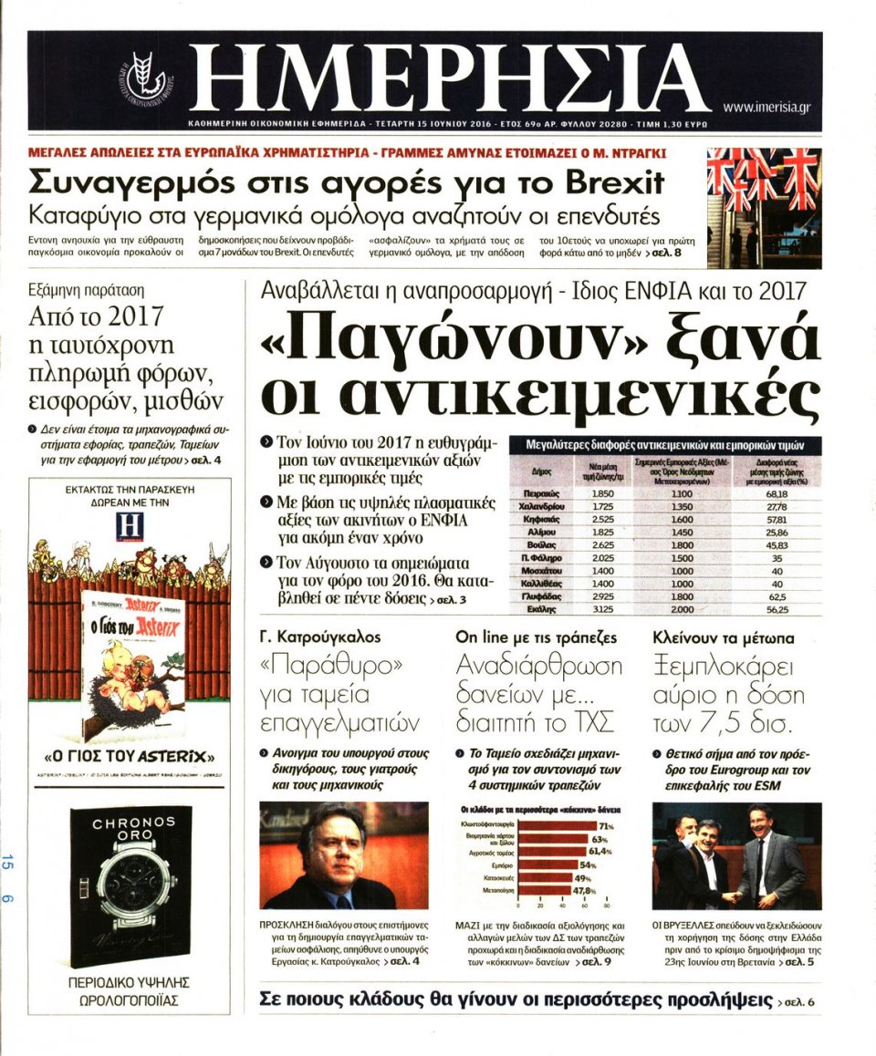Πρωτοσέλιδο Εφημερίδας - ΗΜΕΡΗΣΙΑ - 2016-06-15