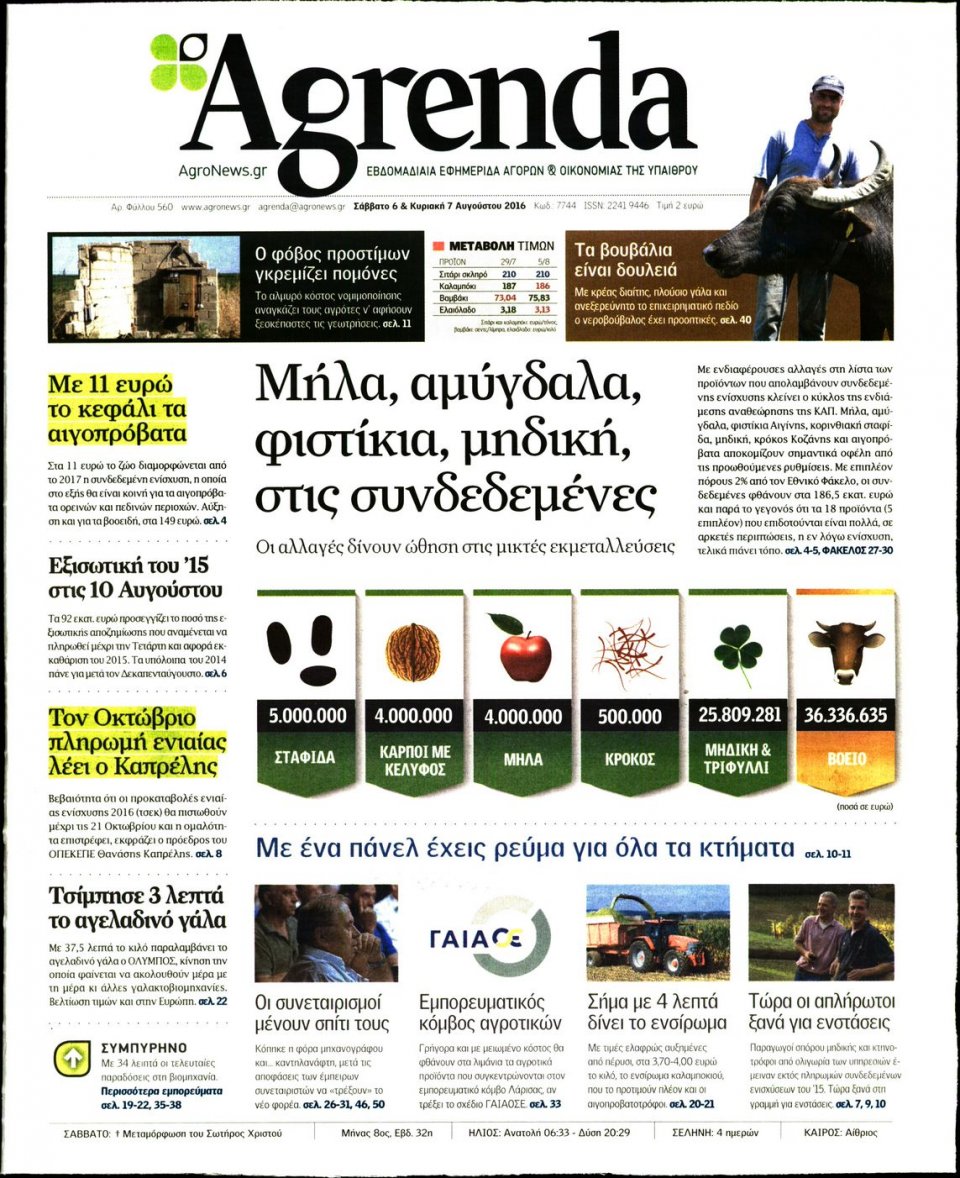 Πρωτοσέλιδο Εφημερίδας - AGRENDA - 2016-08-06