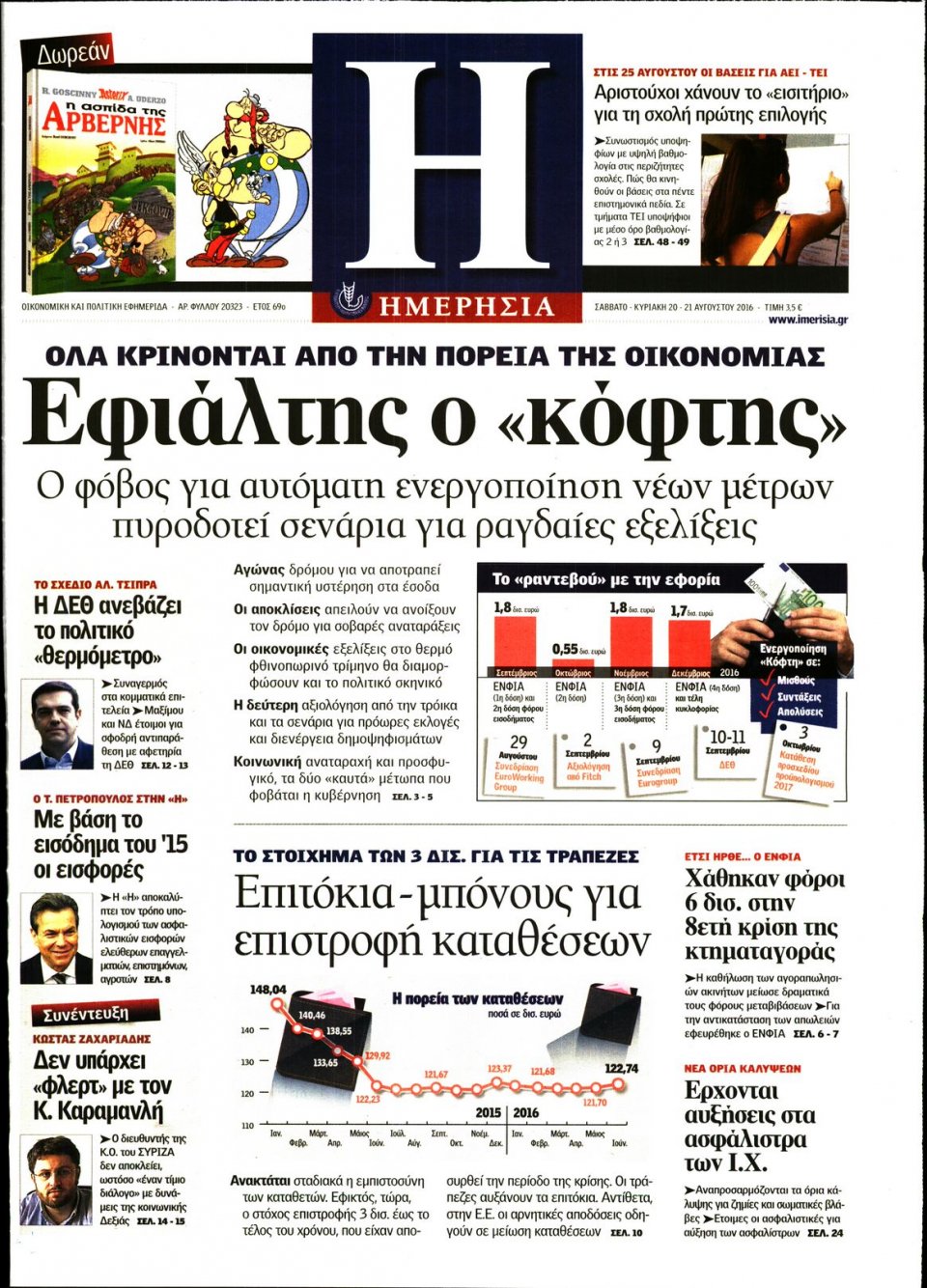 Πρωτοσέλιδο Εφημερίδας - ΗΜΕΡΗΣΙΑ - 2016-08-20