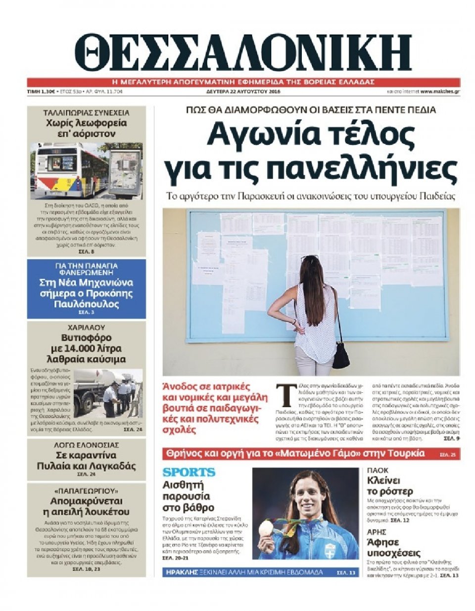 Πρωτοσέλιδο Εφημερίδας - ΘΕΣΣΑΛΟΝΙΚΗ - 2016-08-22